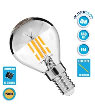 GLOBOSTAR® SPHERE 99101 Λάμπα E14 G45 LED 4W 440lm 320° AC 220-240V IP20 Θερμό Λευκό 2700K Dimmable - Filament Chip - Διάφανο με Ανεστραμμένο Καθρέπτη Νίκελ Χρώμιο - Μ4.5 x Π4.5 x Υ8.1cm - 3 Χρόνια Εγγύηση